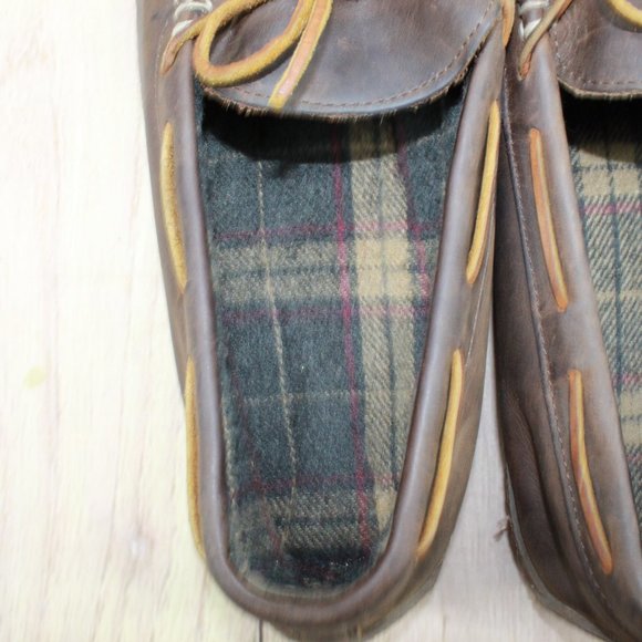 LL Bean Brown Leather Flannel Lined Handsewn Slippers Size 13 Medium - Picture 7 of 9